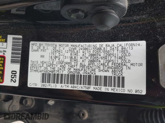 ✅ 2013 Toyota Tacoma • VIN: 3TMMU4FN8DM057517 • Lot: 42426419. Listed on IAAI with 202,188 mi. Free auction sales archive from the USA and detailed vehicle history report at DreamBid. Image 9.