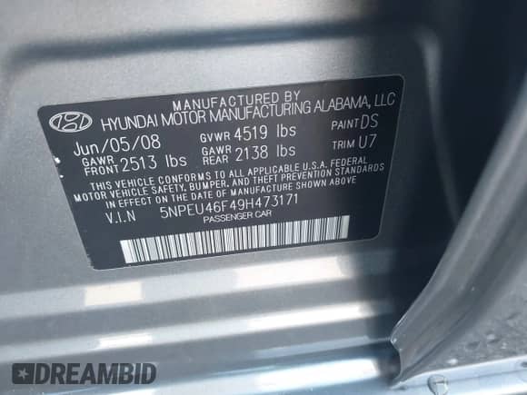 2009 Hyundai Sonata SE with VIN 5NPEU46F49H473171, listed as a IAAI auction lot 43445725 with 176,155 mi miles and . Bid and sale history available at DreamBid. Image 9.