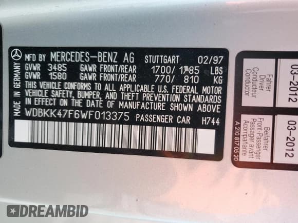 ✅ 1998 Mercedes-Benz SLK 230/320 • VIN: WDBKK47F6WF013375 • Lot: 53793445. Listed on Copart with 59,873 mi. Free auction sales archive from the USA and detailed vehicle history report at DreamBid. Image 12.