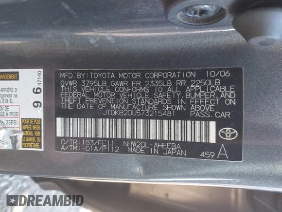 ✅ 2007 Toyota Prius Touring • VIN: JTDKB20U573215481 • Lot: 43554462. Listed on IAAI with 164,771 mi. Free auction sales archive from the USA and detailed vehicle history report at DreamBid. Image 9.