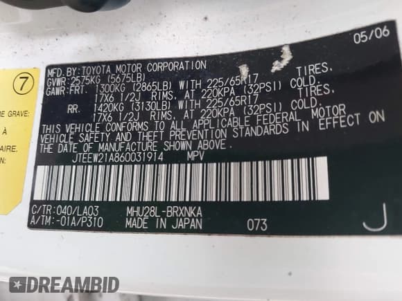 ✅ 2006 Toyota Highlander Limited • VIN: JTEEW21A860031914 • Lot: 43864051. Wystawiony na IAAI z przebiegiem 289 591 mil. Bezpłatny archiwum sprzedaży aukcyjnych z USA i szczegółowy raport historii pojazdu na DreamBid. Zdjęcie 9.