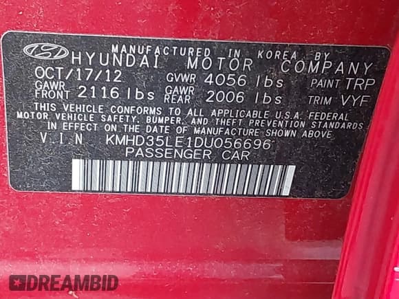 ✅ 2013 Hyundai Elantra • VIN: KMHD35LE1DU056696 • Lot: 43888134. Listed on IAAI with 114,713 mi. Free auction sales archive from the USA and detailed vehicle history report at DreamBid. Image 9.