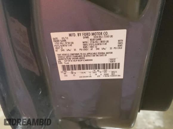 ✅ 2013 Ford F-150 XL • VIN: 1FTFX1EF5DFC48000 • Lot: 61336695. Listed on Copart with 108,900 mi. Free auction sales archive from the USA and detailed vehicle history report at DreamBid. Image 12.