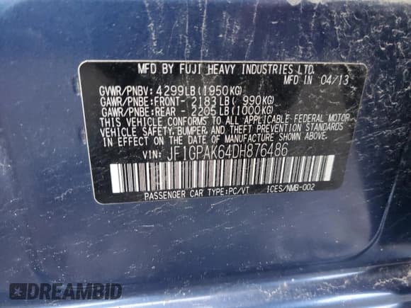 ✅ 2013 Subaru Impreza Limited • VIN: JF1GPAK64DH876486 • Lot: 85128824. Listed on Copart with 103,749 mi. Free auction sales archive from the USA and detailed vehicle history report at DreamBid. Image 12.