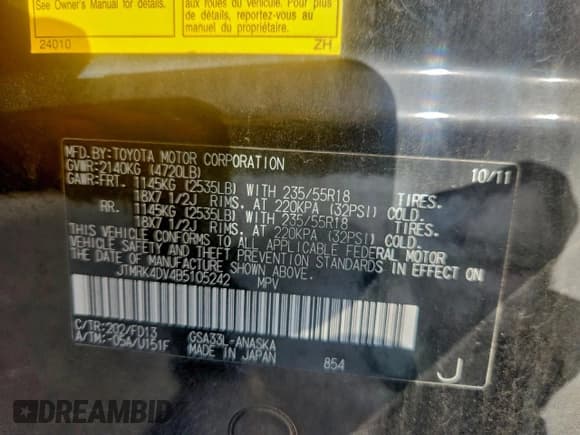 ✅ 2011 Toyota RAV4 Sport • VIN: JTMRK4DV4B5105242 • Lot: 94035715. Listed on Copart with 175,408 mi. Free auction sales archive from the USA and detailed vehicle history report at DreamBid. Image 13.