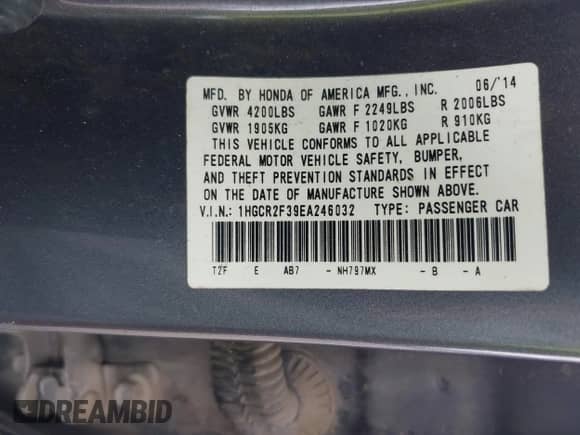 2014 Honda Accord LX с VIN 1HGCR2F39EA246032, выставлен на аукционе IAAI как лот 43297373 с пробегом Не указан миль и . История ставок и продаж доступна на DreamBid. Изображение 9.