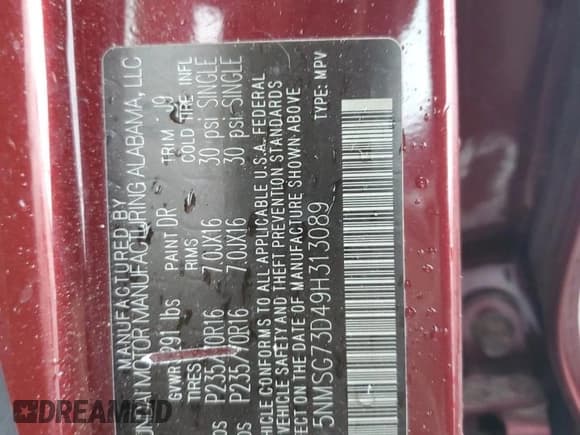 ✅ 2009 Hyundai Santa Fe GLS • VIN: 5NMSG73D49H313089 • Lot: 91125965. Listed on Copart with 170,063 mi. Free auction sales archive from the USA and detailed vehicle history report at DreamBid. Image 13.