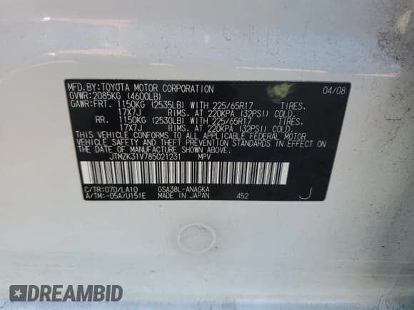 ✅ 2008 Toyota RAV4 Limited • VIN: JTMZK31V785021231 • Лот: 84712255. Опубликован ранее на Copart с пробегом 139 629 миль. Бесплатный доступ к архиву аукционных продаж из США и подробный отчёт об истории автомобиля на DreamBid. Изображение 13.