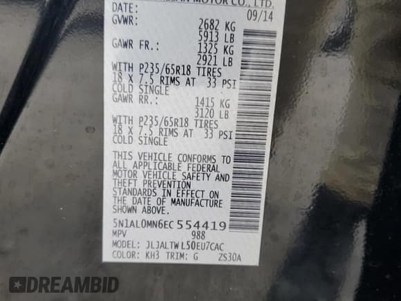 ✅ 2014 Infiniti QX60 • VIN: 5N1AL0MN6EC554419 • Lot: 60925225. Listed on Copart with 104,621 mi. Free auction sales archive from the USA and detailed vehicle history report at DreamBid. Image 13.