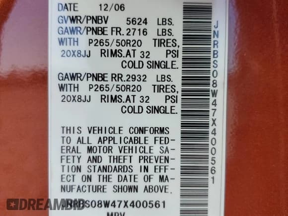 ✅ 2007 Infiniti FX • VIN: JNRBS08W47X400561 • Лот: 55867195. Опубликован ранее на Copart с пробегом 160 130 миль. Бесплатный доступ к архиву аукционных продаж из США и подробный отчёт об истории автомобиля на DreamBid. Изображение 13.