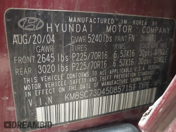 ✅ 2005 Hyundai Santa Fe GLS • VIN: KM8SC73D45U857151 • Лот: 43587733. Опубликован ранее на IAAI с пробегом 144 769 миль. Бесплатный доступ к архиву аукционных продаж из США и подробный отчёт об истории автомобиля на DreamBid. Изображение 9.