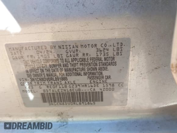 ✅ 2024 Nissan Versa S • VIN: 3N1CN8DV0RL891865 • Lot: 43530167. Listed on IAAI with 18,063 mi. Free auction sales archive from the USA and detailed vehicle history report at DreamBid. Image 9.