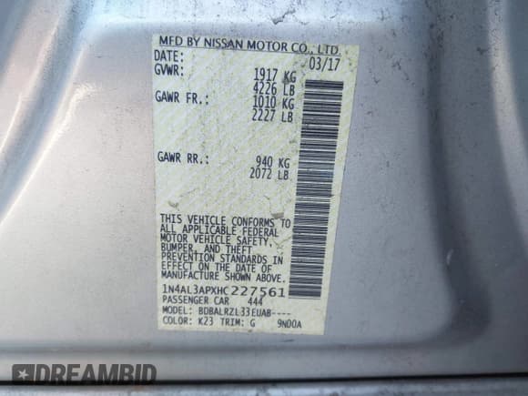 ✅ 2017 Nissan Altima S • VIN: 1N4AL3APXHC227561 • Lot: 43673023. Listed on IAAI with 195,271 mi. Free auction sales archive from the USA and detailed vehicle history report at DreamBid. Image 9.