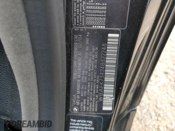 ✅ 2004 BMW 6 Series 645Ci • VIN: WBAEK73424B322248 • Лот: 53040994. Опубликован ранее на Copart с пробегом 134 604 миль. Бесплатный доступ к архиву аукционных продаж из США и подробный отчёт об истории автомобиля на DreamBid. Изображение 12.