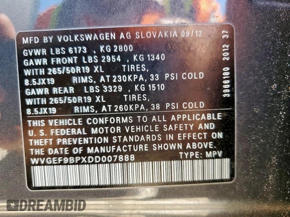 ✅ 2013 Volkswagen Touareg Lux • VIN: WVGEF9BPXDD007888 • Lot: 61243265. Listed on Copart with 90,370 mi. Free auction sales archive from the USA and detailed vehicle history report at DreamBid. Image 12.