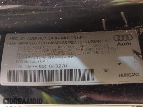 ✅ 2008 Audi TT 2.0T • VIN: TRUMF38J881043270 • Lot: 41297359. Listed on IAAI with 93,495 mi. Free auction sales archive from the USA and detailed vehicle history report at DreamBid. Image 9.