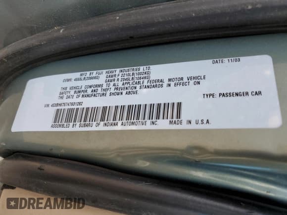 ✅ 2004 Subaru Legacy Outback • VIN: 4S3BH675747631282 • Lot: 59501305. Listed on Copart with 207,078 mi. Free auction sales archive from the USA and detailed vehicle history report at DreamBid. Image 12.