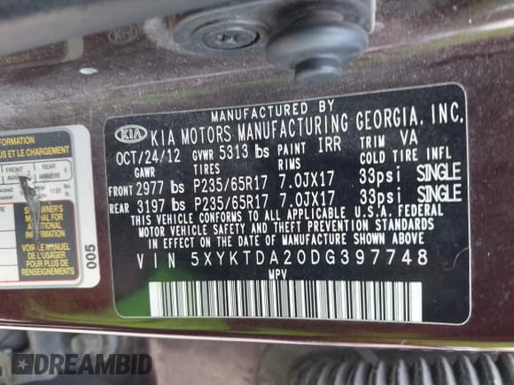 ✅ 2013 Kia Sorento LX • VIN: 5XYKTDA20DG397748 • Lot: 43802514. Listed on IAAI with 144,489 mi. Free auction sales archive from the USA and detailed vehicle history report at DreamBid. Image 9.