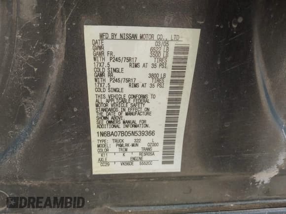 ✅ 2005 Nissan Titan LE • VIN: 1N6BA07B05N539366 • Lot: 42690171. Listed on IAAI with 202,689 mi. Free auction sales archive from the USA and detailed vehicle history report at DreamBid. Image 9.