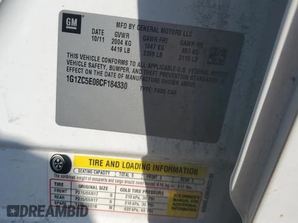 ✅ 2012 Chevrolet Malibu 1LT • VIN: 1G1ZC5E08CF184330 • Lot: 77832764. Listed on Copart with 120,973 mi. Free auction sales archive from the USA and detailed vehicle history report at DreamBid. Image 12.