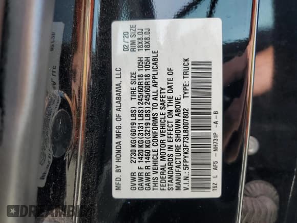 ✅ 2020 Honda Ridgeline RTL-E • VIN: 5FPYK3F73LB007802 • Lot: 82709395. Listed on Copart with 108,282 mi. Free auction sales archive from the USA and detailed vehicle history report at DreamBid. Image 12.