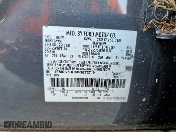 ✅ 2023 Ford Explorer XLT • VIN: 1FMSK7DH6PGB72719 • Lot: 82255545. Listed on Copart with Not provided. Free auction sales archive from the USA and detailed vehicle history report at DreamBid. Image 13.