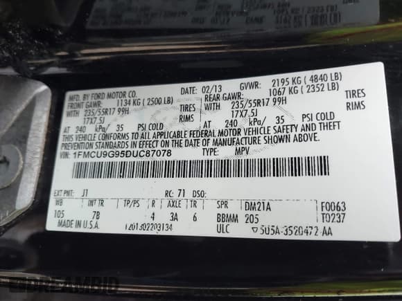 ✅ 2013 Ford Escape SE • VIN: 1FMCU9G95DUC87078 • Lot: 43846977. Listed on IAAI with 241,473 mi. Free auction sales archive from the USA and detailed vehicle history report at DreamBid. Image 9.