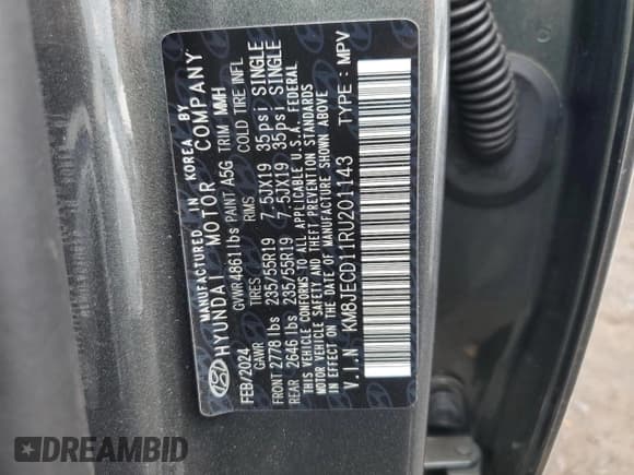 ✅ 2024 Hyundai Tucson Limited • VIN: KM8JECD11RU201143 • Lot: 56205364. Wystawiony na Copart z przebiegiem 1 101 mil. Bezpłatny archiwum sprzedaży aukcyjnych z USA i szczegółowy raport historii pojazdu na DreamBid. Zdjęcie 13.