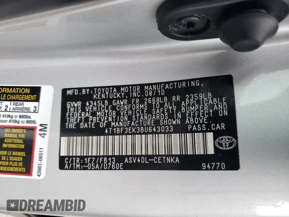 2011 Toyota Camry LE with VIN 4T1BF3EK3BU643033, listed as a Copart auction lot 86989285 with 202,480 mi miles and Clean title. Bid and sale history available at DreamBid. Image 12.