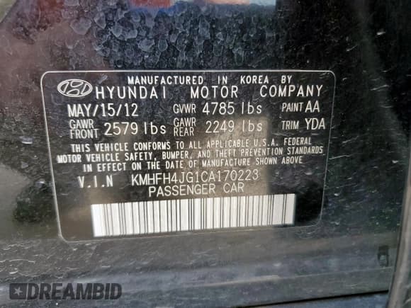 ✅ 2012 Hyundai Azera • VIN: KMHFH4JG1CA170223 • Лот: 59901245. Опубликован ранее на Copart с пробегом 172 210 миль. Бесплатный доступ к архиву аукционных продаж из США и подробный отчёт об истории автомобиля на DreamBid. Изображение 12.