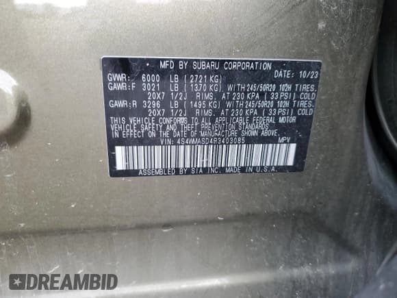 ✅ 2024 Subaru Ascent Limited • VIN: 4S4WMASD4R3403085 • Lot: 61189245. Listed on Copart with 34,405 mi. Free auction sales archive from the USA and detailed vehicle history report at DreamBid. Image 12.