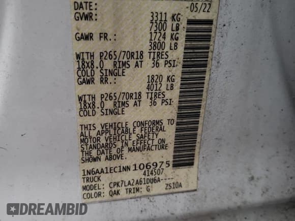 ✅ 2022 Nissan Titan S • VIN: 1N6AA1EC1NN106975 • Lot: 86409054. Listed on Copart with 97,950 mi. Free auction sales archive from the USA and detailed vehicle history report at DreamBid. Image 12.