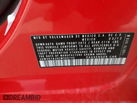 ✅ 2012 Volkswagen Jetta S • VIN: 3VW2K7AJ0CM390745 • Lot: 54502065. Listed on Copart with 109,407 mi. Free auction sales archive from the USA and detailed vehicle history report at DreamBid. Image 12.