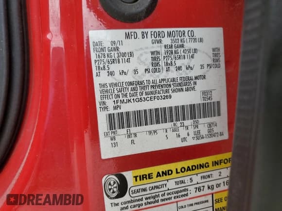 ✅ 2012 Ford Expedition Max XL • VIN: 1FMJK1G53CEF03269 • Lot: 71666334. Listed on Copart with 226,924 mi. Free auction sales archive from the USA and detailed vehicle history report at DreamBid. Image 13.