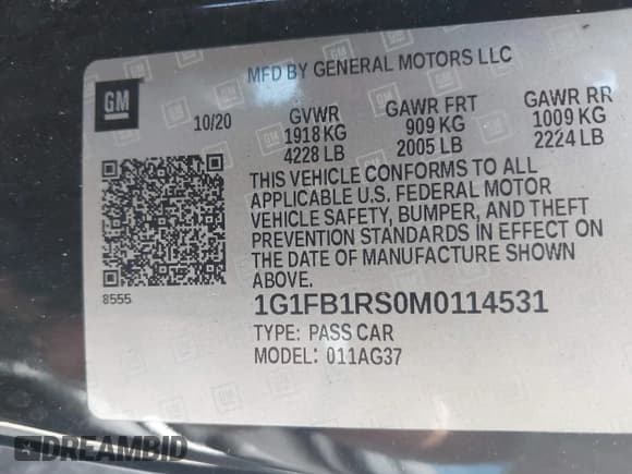 ✅ 2021 Chevrolet Camaro 1LT • VIN: 1G1FB1RS0M0114531 • Lot: 43363088. Listed on IAAI with 52,499 mi. Free auction sales archive from the USA and detailed vehicle history report at DreamBid. Image 9.