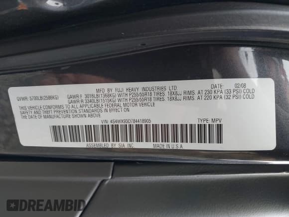 ✅ 2008 Subaru Tribeca Limited • VIN: 4S4WX93D784418905 • Lot: 43192934. Listed on IAAI with 124,194 mi. Free auction sales archive from the USA and detailed vehicle history report at DreamBid. Image 9.