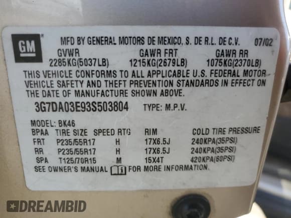 ✅ 2003 Pontiac Aztek • VIN: 3G7DA03E93S503804 • Lot: 75130024. Listed on Copart with 125,165 mi. Free auction sales archive from the USA and detailed vehicle history report at DreamBid. Image 13.