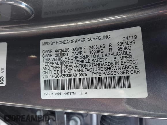 ✅ 2019 Honda Accord Sport • VIN: 1HGCV2F33KA019975 • Lot: 43583701. Listed on IAAI with 57,210 mi. Free auction sales archive from the USA and detailed vehicle history report at DreamBid. Image 9.