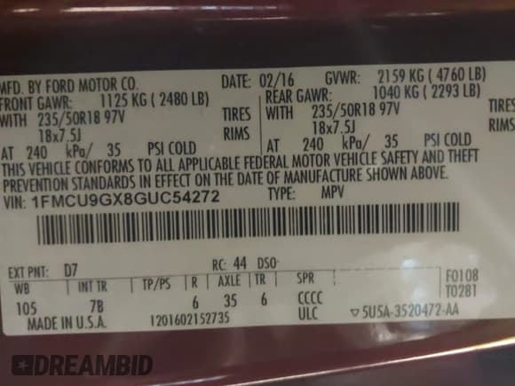 ✅ 2016 Ford Escape SE • VIN: 1FMCU9GX8GUC54272 • Лот: 43843481. Опубликован ранее на IAAI с пробегом 108 240 миль. Бесплатный доступ к архиву аукционных продаж из США и подробный отчёт об истории автомобиля на DreamBid. Изображение 9.