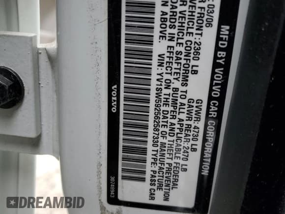 ✅ 2006 Volvo V70 2.5L Turbo • VIN: YV1SW592562587330 • Lot: 79512004. Listed on Copart with 143,930 mi. Free auction sales archive from the USA and detailed vehicle history report at DreamBid. Image 13.