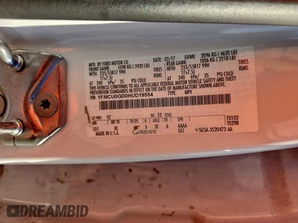 ✅ 2017 Ford Escape SE • VIN: 1FMCU0GD0HUD19554 • Lot: 96352765. Listed on Copart with 52,755 mi. Free auction sales archive from the USA and detailed vehicle history report at DreamBid. Image 12.