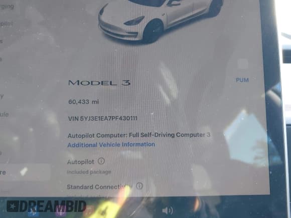 ✅ 2023 Tesla Model 3 • VIN: 5YJ3E1EA7PF430111 • Lot: 43464732. Wystawiony na IAAI z przebiegiem 60 433 mil. Bezpłatny archiwum sprzedaży aukcyjnych z USA i szczegółowy raport historii pojazdu na DreamBid. Zdjęcie 7.