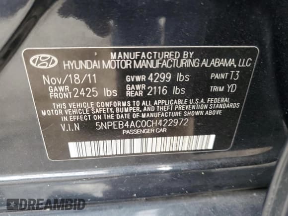 ✅ 2012 Hyundai Sonata GLS • VIN: 5NPEB4AC0CH422972 • Lot: 74300414. Listed on Copart with 139,020 mi. Free auction sales archive from the USA and detailed vehicle history report at DreamBid. Image 12.