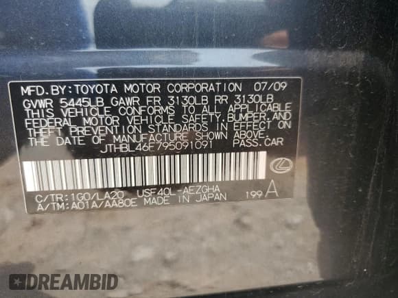 ✅ 2009 Lexus LS 460 • VIN: JTHBL46F795091091 • Lot: 60498075. Listed on Copart with 118,718 mi. Free auction sales archive from the USA and detailed vehicle history report at DreamBid. Image 12.