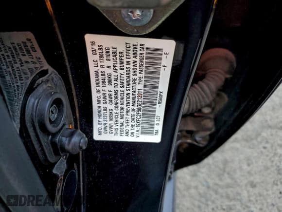 ✅ 2016 Honda Civic LX • VIN: 19XFC2F56GE213911 • Lot: 93831415. Listed on Copart with 79,869 mi. Free auction sales archive from the USA and detailed vehicle history report at DreamBid. Image 12.