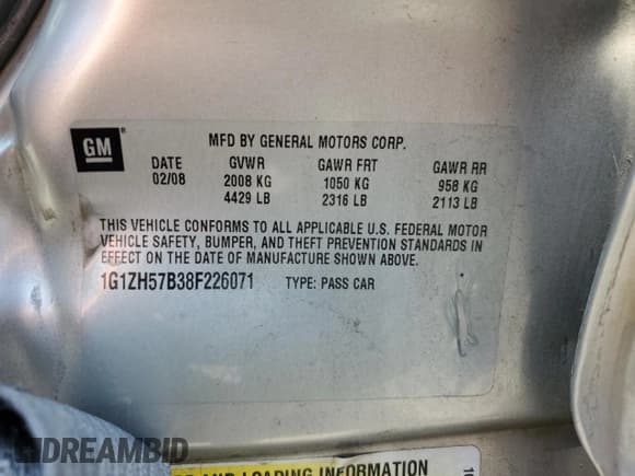 ✅ 2008 Chevrolet Malibu 1LT • VIN: 1G1ZH57B38F226071 • Lot: 63926434. Listed on Copart with 206,811 mi. Free auction sales archive from the USA and detailed vehicle history report at DreamBid. Image 12.