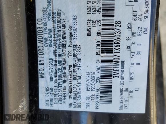 ✅ 2006 Mercury Milan • VIN: 3MEHM071X6R603728 • Lot: 48138105. Listed on Copart with Not provided. Free auction sales archive from the USA and detailed vehicle history report at DreamBid. Image 12.