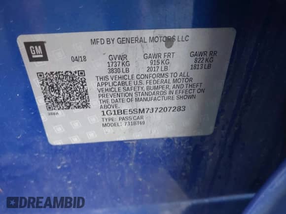 2018 Chevrolet Cruze LT z VIN 1G1BE5SM7J7207283, wystawiony jako IAAI lot #43382561 z przebiegiem 87 128 mil mil oraz . Historia ofert i sprzedaży dostępna na DreamBid. Obrazek 9.