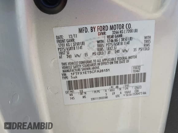 ✅ 2012 Ford F-150 XL • VIN: 1FTFX1ET5CFA28151 • Lot: 42457035. Listed on IAAI with 118,943 mi. Free auction sales archive from the USA and detailed vehicle history report at DreamBid. Image 9.