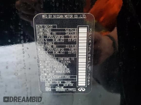 ✅ 2023 Infiniti QX50 Sport • VIN: 3PCAJ5FB4PF117082 • Lot: 62472305. Listed on Copart with 18,584 mi. Free auction sales archive from the USA and detailed vehicle history report at DreamBid. Image 14.